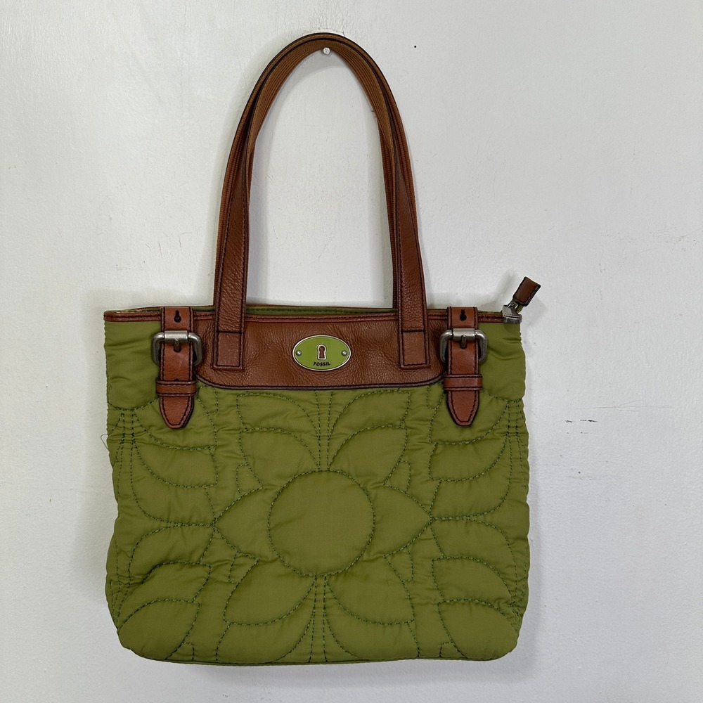 Fossil Key-Per Green Quilted Nylon Leather Trim Tote Bag Floral Polka Dot Lining